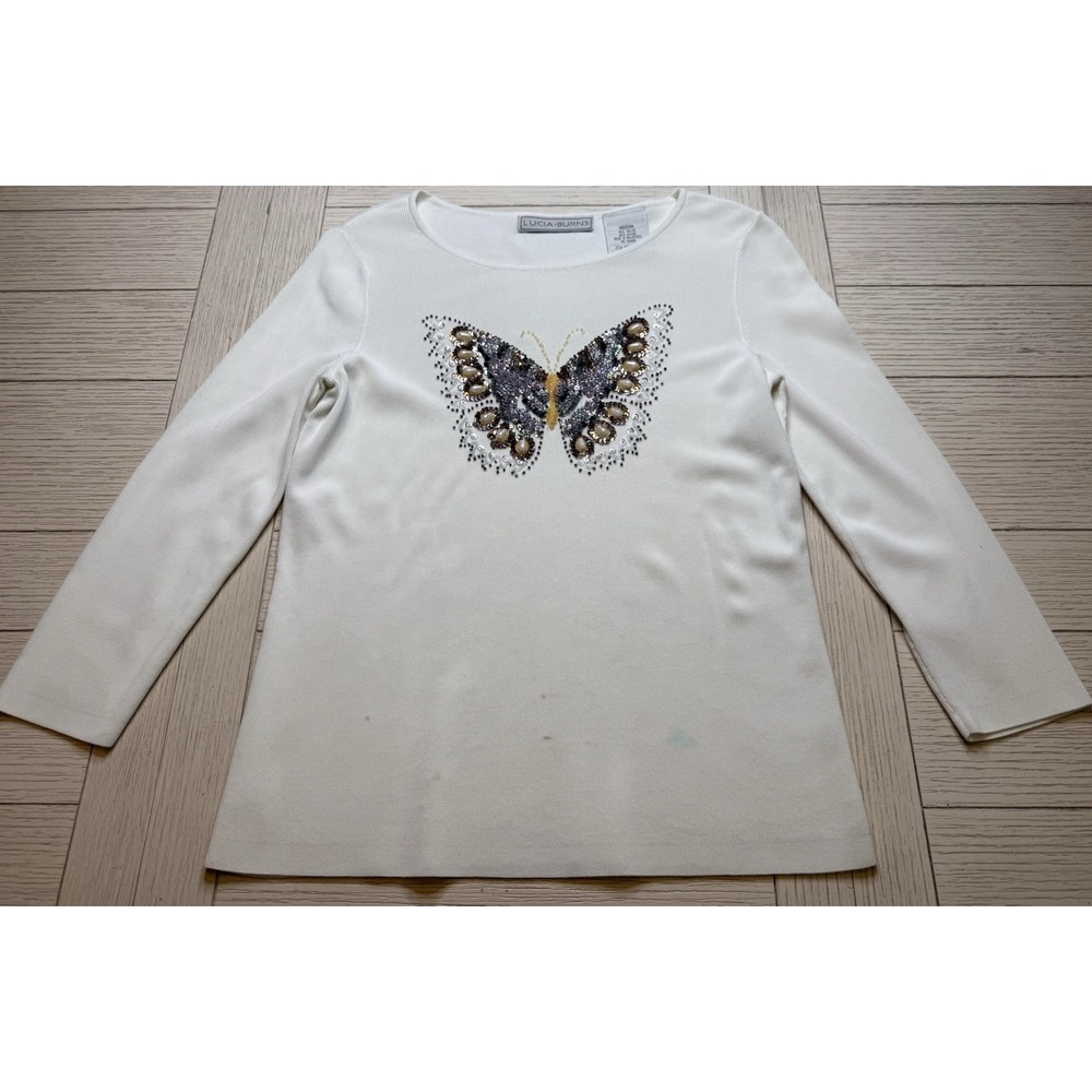 VTG Lucia Burns‎ Shirt White Ribbed Knit Butterfly Beaded Top 3/4 Sleeve M Boho
